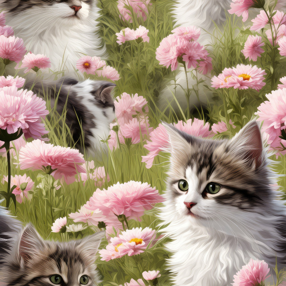 Kittens in Wildflowers Pattern 3 Quilting Cotton Fabric