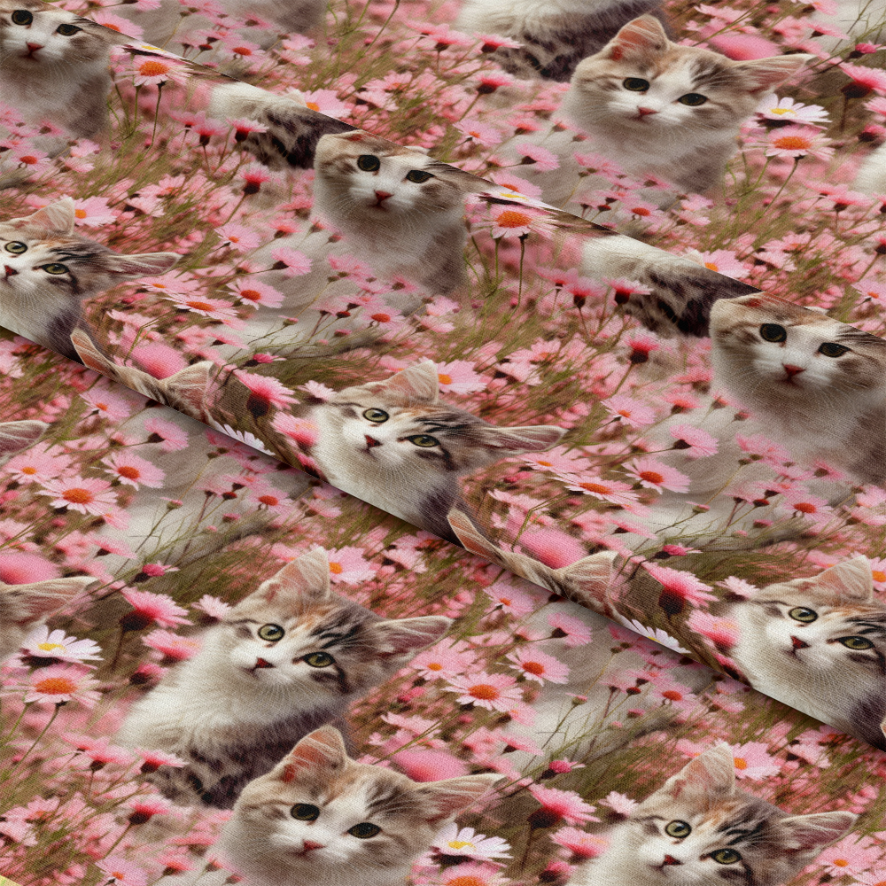 Kittens in Wildflowers Pattern 5 Quilting Cotton Fabric, floral design, pink flowers, kitten illustrations, animal print, soft cotton textile, quilting material, nature-inspired fabric, pastel colors, pet-themed pattern, premium cotton quilting fabric, vibrant floral print, detailed kitten faces, sewing fabric yardage.