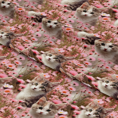Kittens in Wildflowers Pattern 5 Quilting Cotton Fabric, floral design, pink flowers, kitten illustrations, animal print, soft cotton textile, quilting material, nature-inspired fabric, pastel colors, pet-themed pattern, premium cotton quilting fabric, vibrant floral print, detailed kitten faces, sewing fabric yardage.