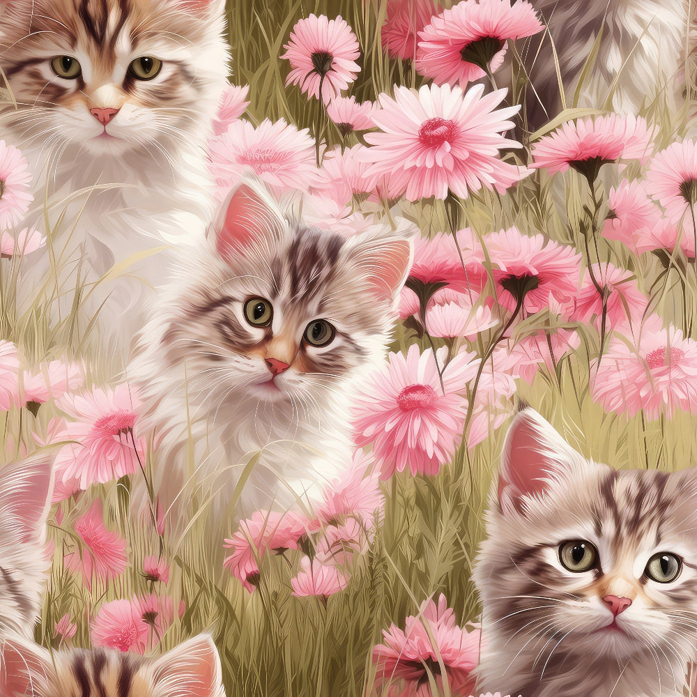 Kittens in Wildflowers Pattern 8 Quilting Cotton Fabric