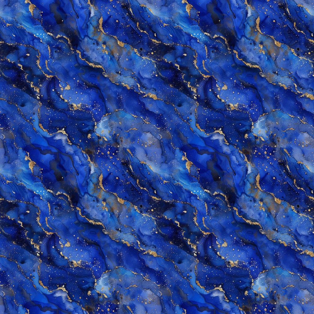 Abstract blue and gold marbled pattern with swirling textures resembling waves and scattered speckles resembling stars.