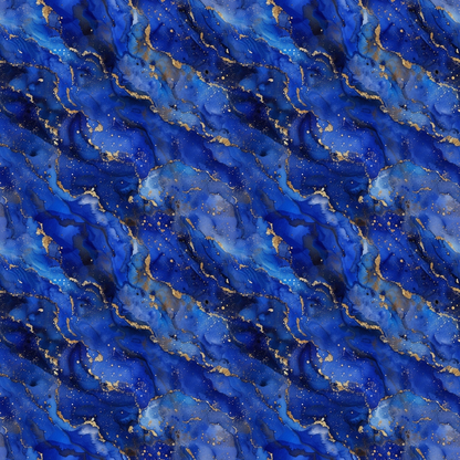 Abstract blue and gold marbled pattern with swirling textures resembling waves and scattered speckles resembling stars.