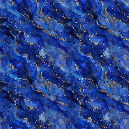 Abstract blue and gold marbled pattern with swirling textures resembling waves and scattered speckles resembling stars.