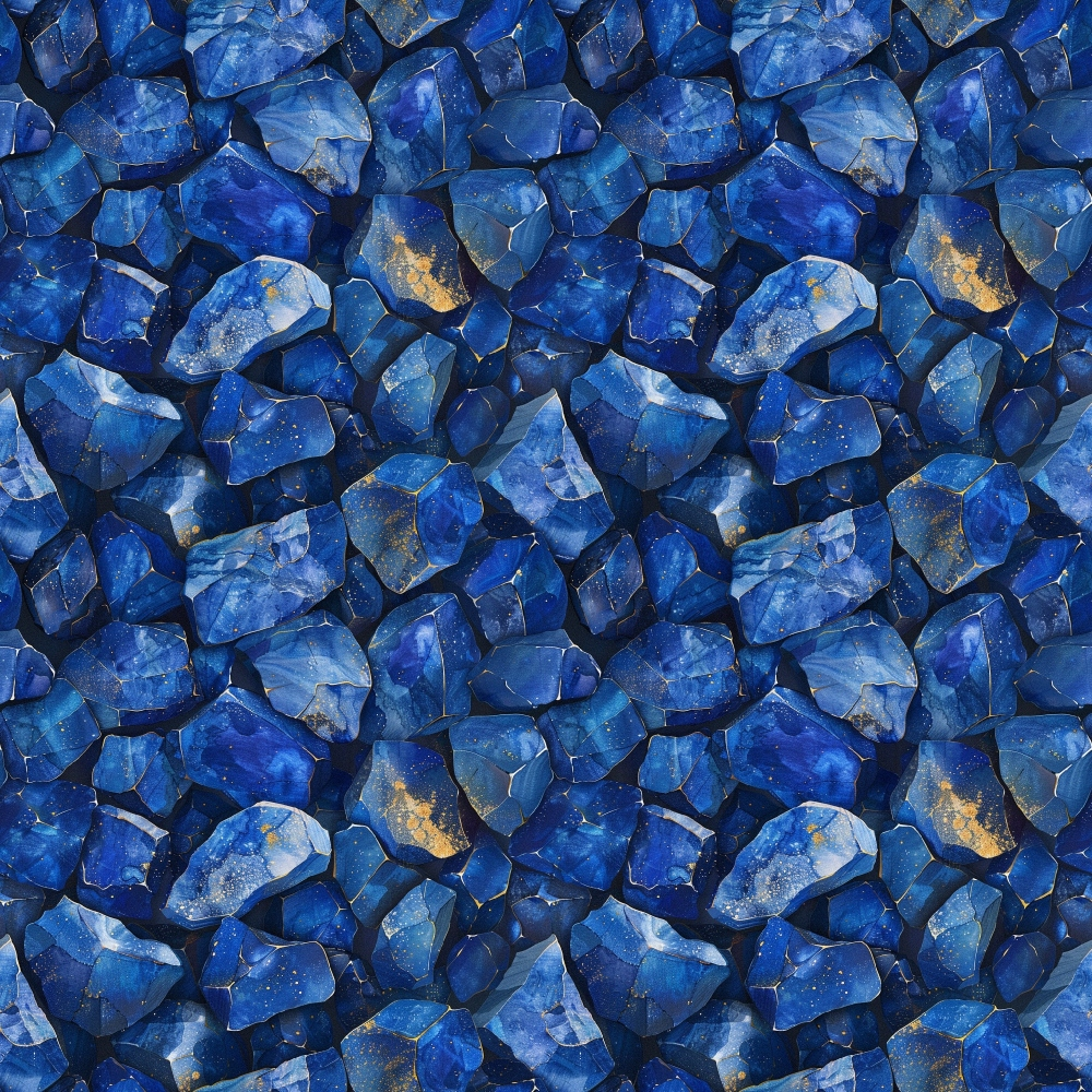 A collection of blue gemstones with scattered gold accents, forming a repeating pattern.