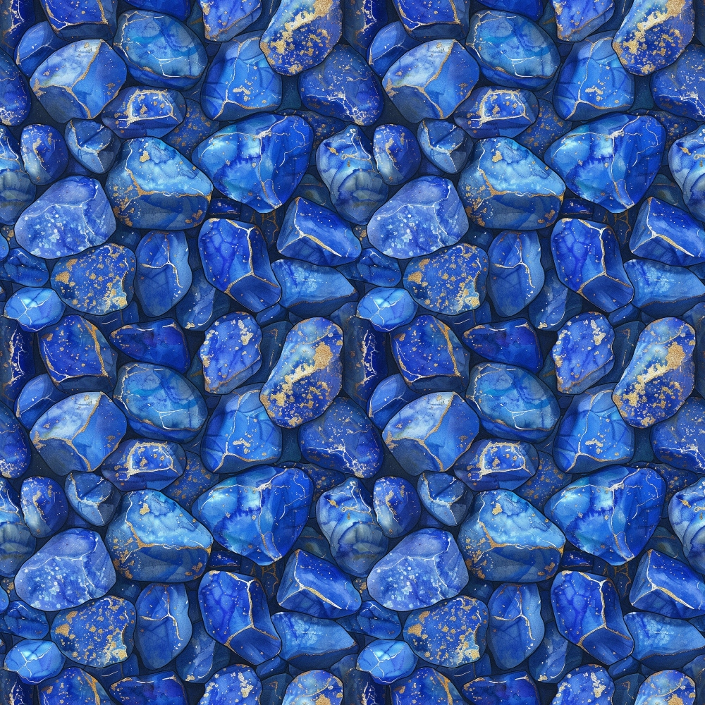 A pattern of various blue stones with marbled textures and gold speckles, arranged closely together, creating a seamless, uniform design.