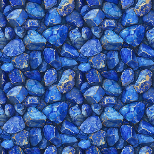 A pattern of various blue stones with marbled textures and gold speckles, arranged closely together, creating a seamless, uniform design.