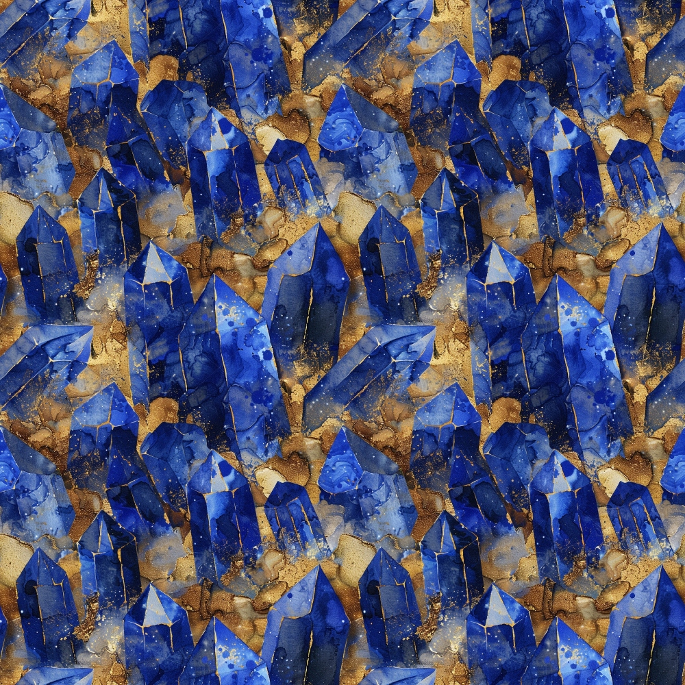 A detailed pattern of blue geometric shapes resembling crystals, interspersed with gold accents, forming a repeating mosaic.