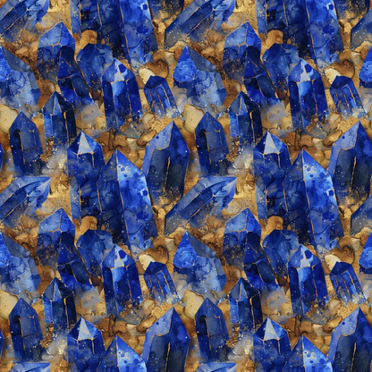 A detailed pattern of blue geometric shapes resembling crystals, interspersed with gold accents, forming a repeating mosaic.