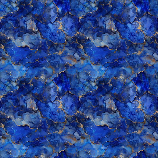 Abstract pattern with shades of blue, gold, and black, resembling fluid ink swirls and splashes, creating a marbled effect.