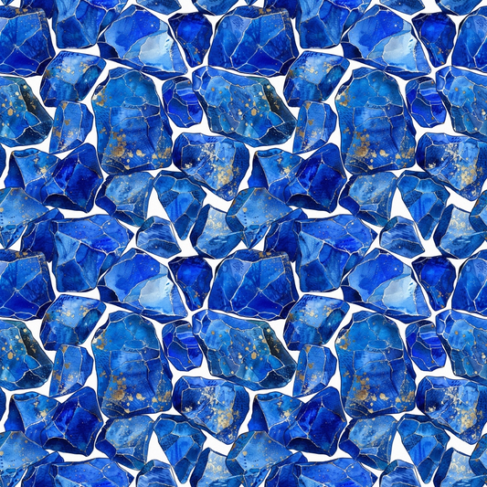 Pattern of irregular, overlapping blue stones with white outlines and occasional gold specks.