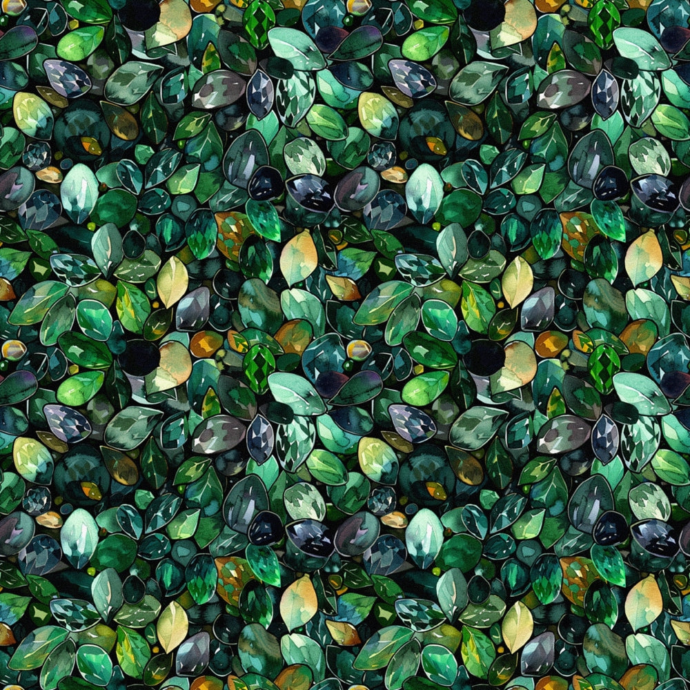 Pattern of various green and blue leaves with yellow highlights, forming a seamless, dense foliage texture.