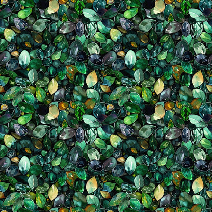 Pattern of various green and blue leaves with yellow highlights, forming a seamless, dense foliage texture.