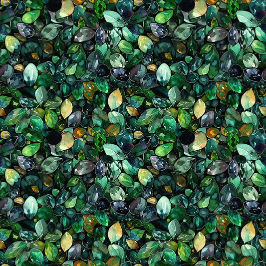 Pattern of various green and blue leaves with yellow highlights, forming a seamless, dense foliage texture.