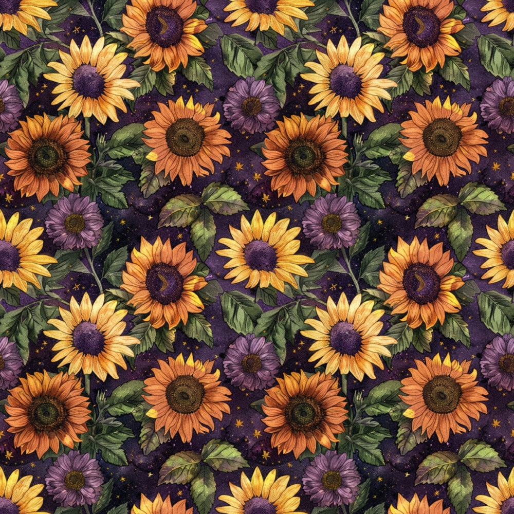 Pattern of illustrated sunflowers and purple flowers with leaves on a dark background.