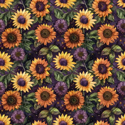 Pattern of illustrated sunflowers and purple flowers with leaves on a dark background.