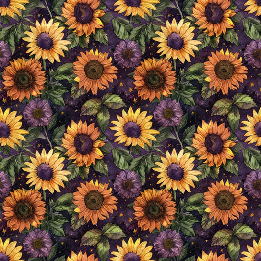 Pattern of illustrated sunflowers and purple flowers with leaves on a dark background.