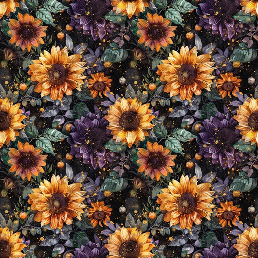 Seamless pattern featuring sunflowers, purple flowers, and green leaves on a dark background, with small star-like motifs scattered throughout.