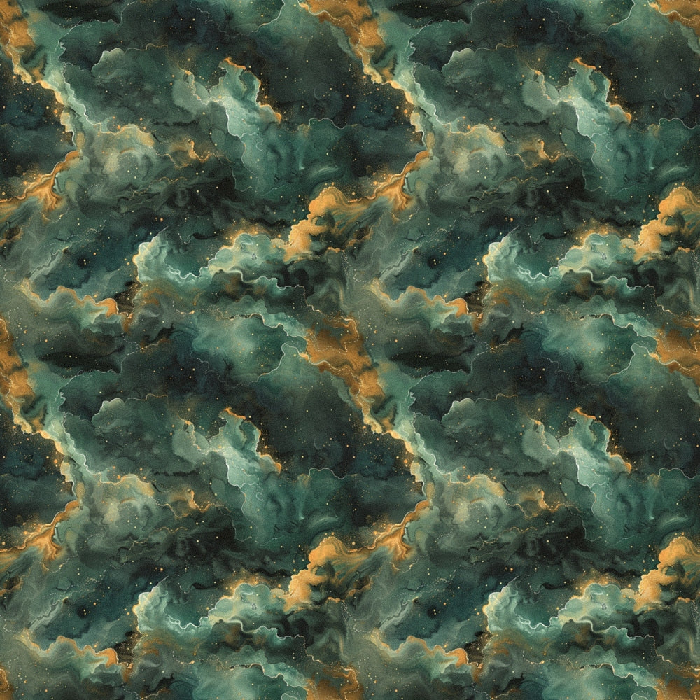 Seamless abstract pattern with swirling green and orange clouds, resembling a cosmic or nebula-like effect.