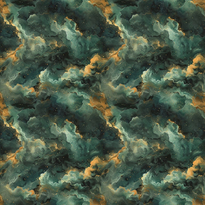 Seamless abstract pattern with swirling green and orange clouds, resembling a cosmic or nebula-like effect.