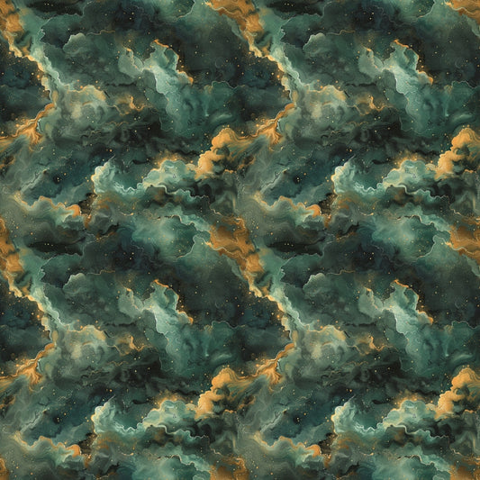 Seamless abstract pattern with swirling green and orange clouds, resembling a cosmic or nebula-like effect.