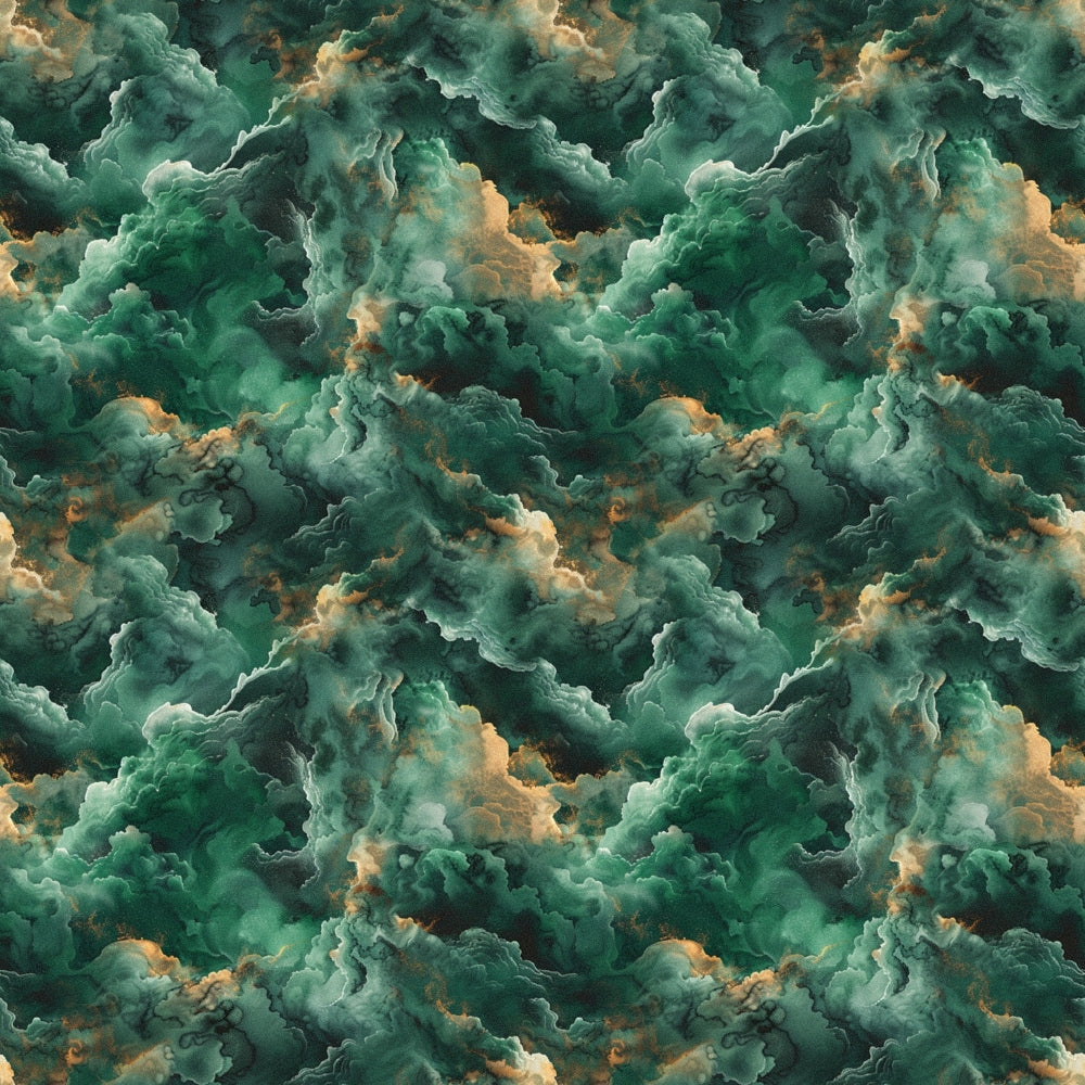 Seamless pattern of abstract green swirling clouds with hints of orange and brown, creating a textured, ethereal effect.