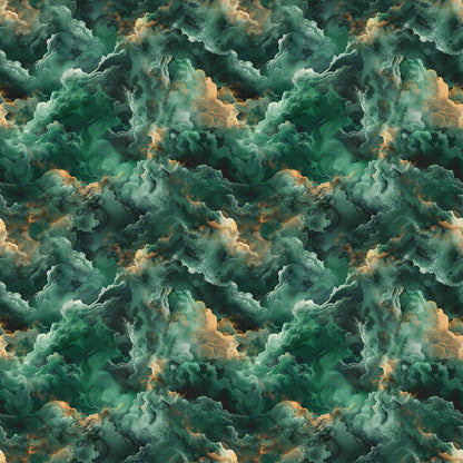 Seamless pattern of abstract green swirling clouds with hints of orange and brown, creating a textured, ethereal effect.