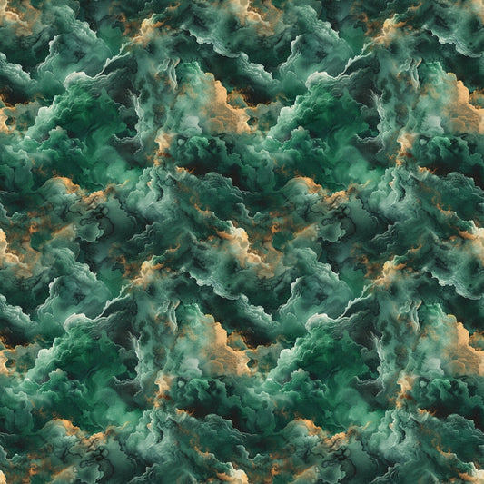 Seamless pattern of abstract green swirling clouds with hints of orange and brown, creating a textured, ethereal effect.