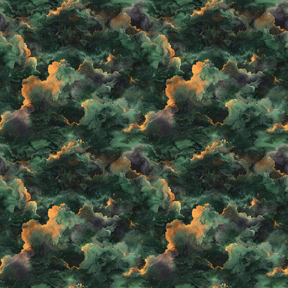 Abstract pattern resembling a green and orange cloudy nebula with swirling textures and depth.