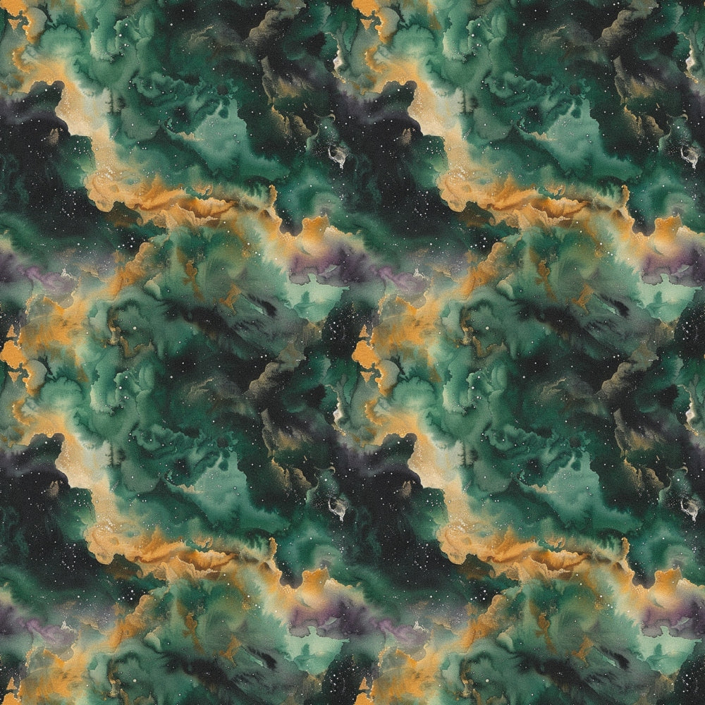 Seamless pattern of swirling green, yellow, and purple nebula-like clouds with scattered stars on a dark background.