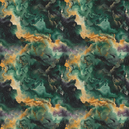 Seamless pattern of swirling green, yellow, and purple nebula-like clouds with scattered stars on a dark background.