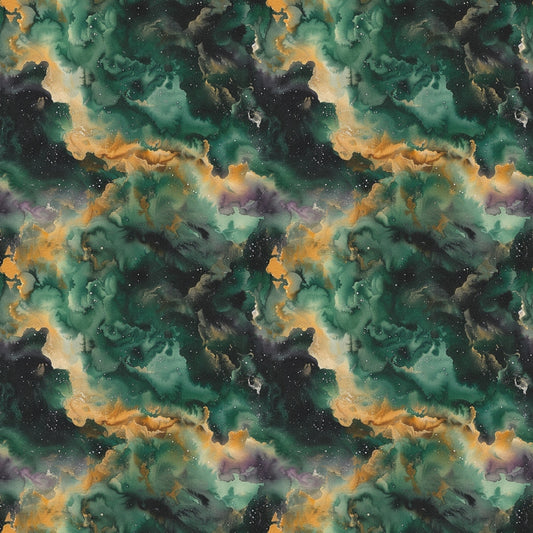 Seamless pattern of swirling green, yellow, and purple nebula-like clouds with scattered stars on a dark background.