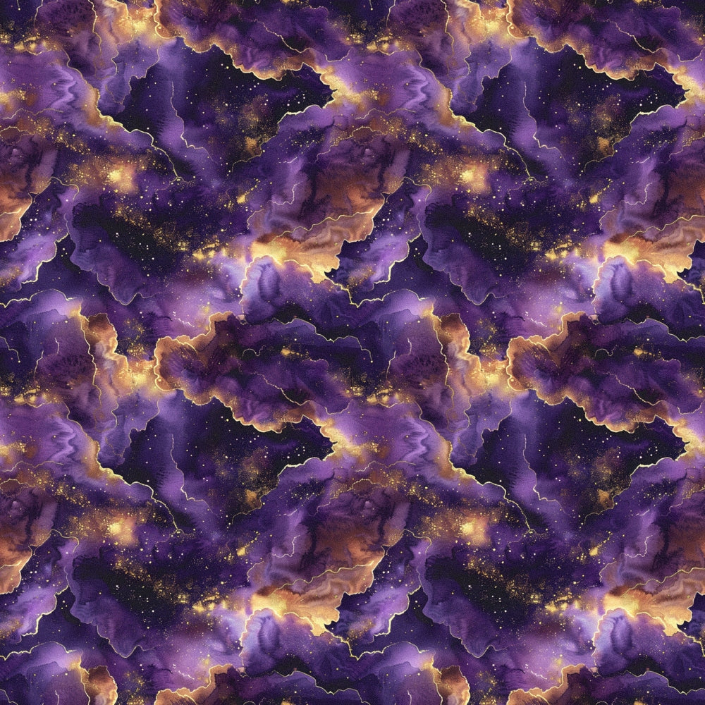 Abstract pattern with swirling purple, gold, and black clouds resembling a cosmic scene, with stars scattered throughout.