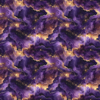 Abstract pattern with swirling purple, gold, and black clouds resembling a cosmic scene, with stars scattered throughout.