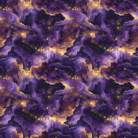 Abstract pattern with swirling purple, gold, and black clouds resembling a cosmic scene, with stars scattered throughout.