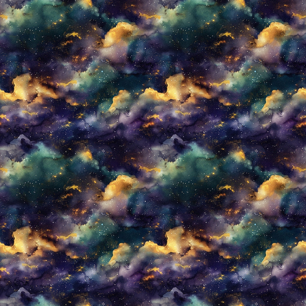 Seamless pattern of a colorful galaxy with nebulae and stars, featuring swirling clouds in shades of blue, yellow, and purple.