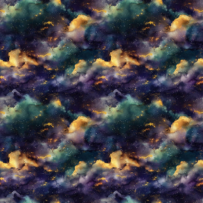 Seamless pattern of a colorful galaxy with nebulae and stars, featuring swirling clouds in shades of blue, yellow, and purple.