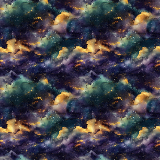 Seamless pattern of a colorful galaxy with nebulae and stars, featuring swirling clouds in shades of blue, yellow, and purple.