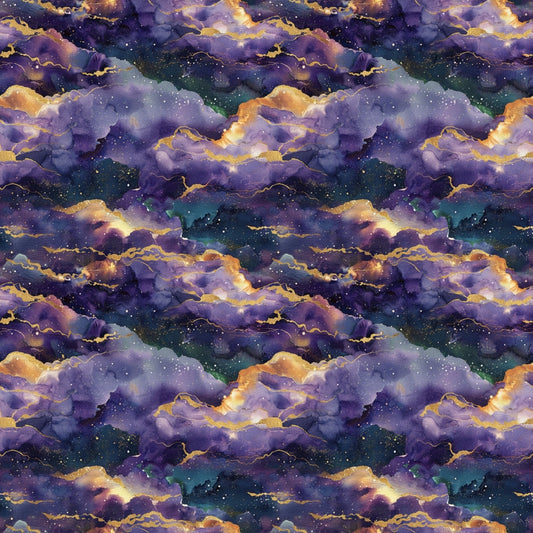 Abstract pattern featuring swirling clouds in shades of purple and gold, resembling a dreamy sky.