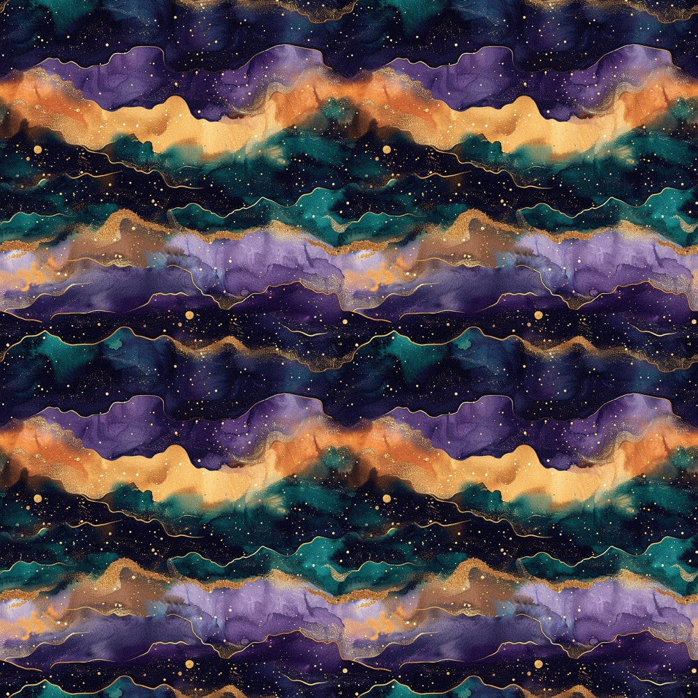 Abstract pattern with wavy lines of purple, gold, green, and black, resembling a nebula or galaxy, dotted with small star-like specks throughout.