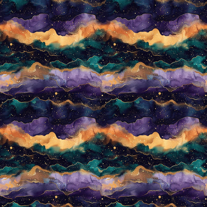 Abstract pattern with wavy lines of purple, gold, green, and black, resembling a nebula or galaxy, dotted with small star-like specks throughout.