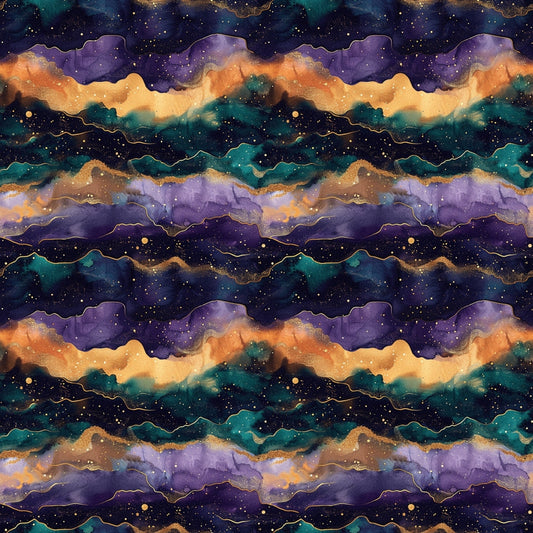 Abstract pattern with wavy lines of purple, gold, green, and black, resembling a nebula or galaxy, dotted with small star-like specks throughout.