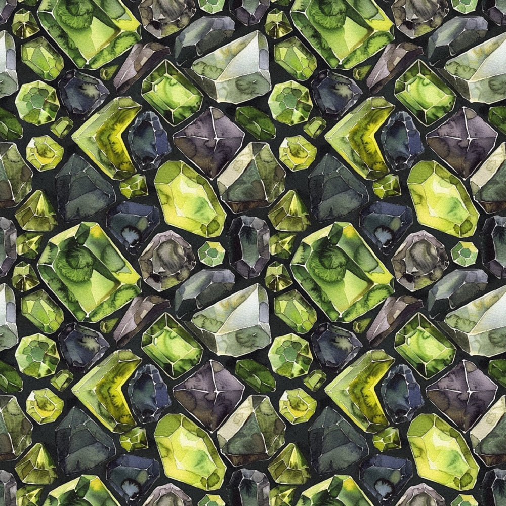 Seamless pattern of various green and earthy gemstones, including emeralds and peridots, arranged closely together on a dark background.