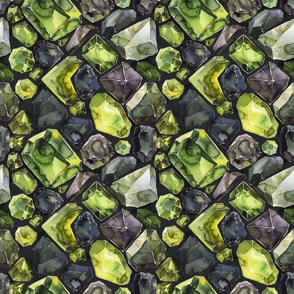 Seamless pattern of various green and earthy gemstones, including emeralds and peridots, arranged closely together on a dark background.