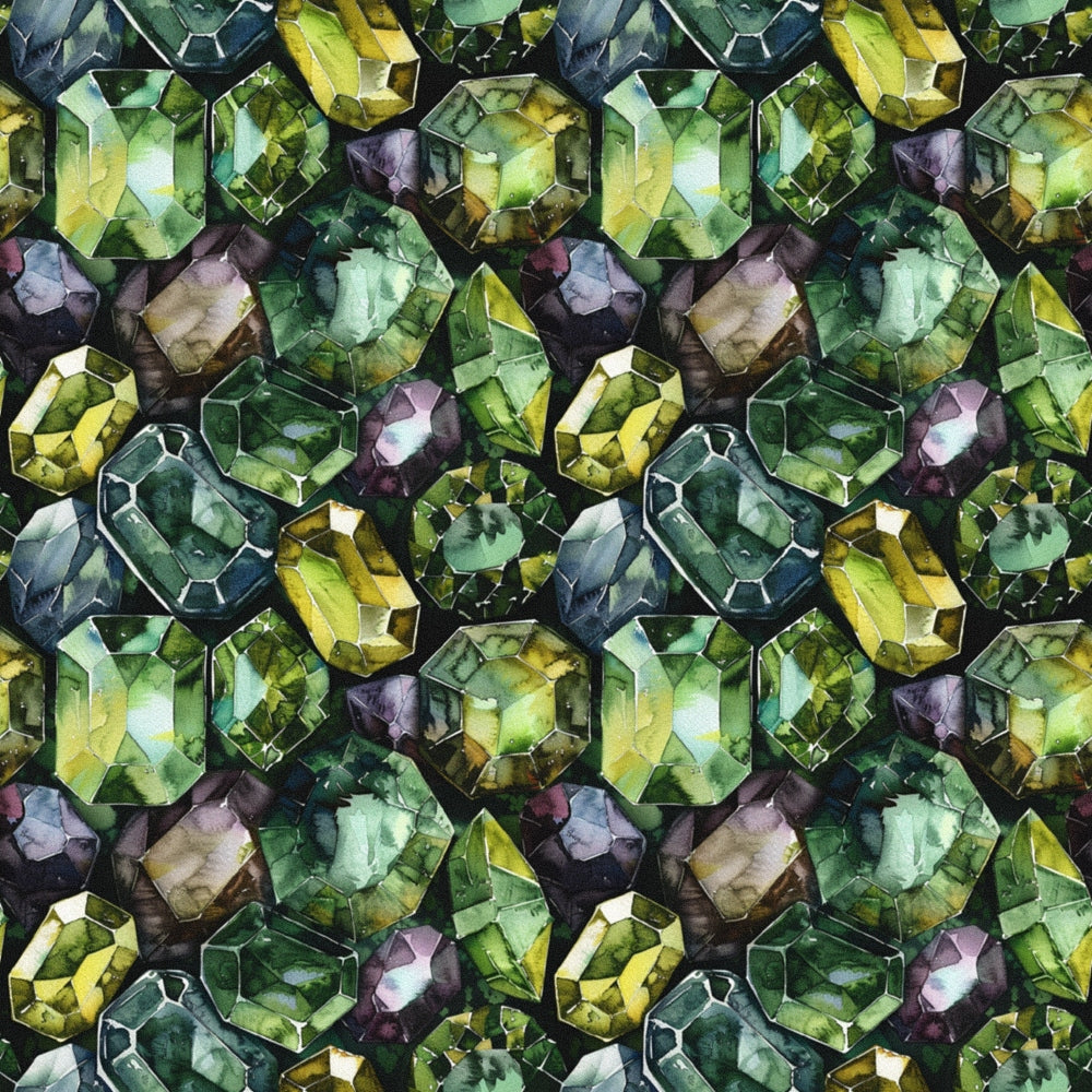 Patterned mosaic of green, yellow, and dark colored gemstones, reflecting light and creating a kaleidoscopic effect.