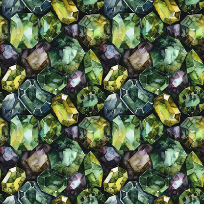 Patterned mosaic of green, yellow, and dark colored gemstones, reflecting light and creating a kaleidoscopic effect.