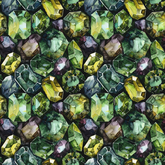 Patterned mosaic of green, yellow, and dark colored gemstones, reflecting light and creating a kaleidoscopic effect.