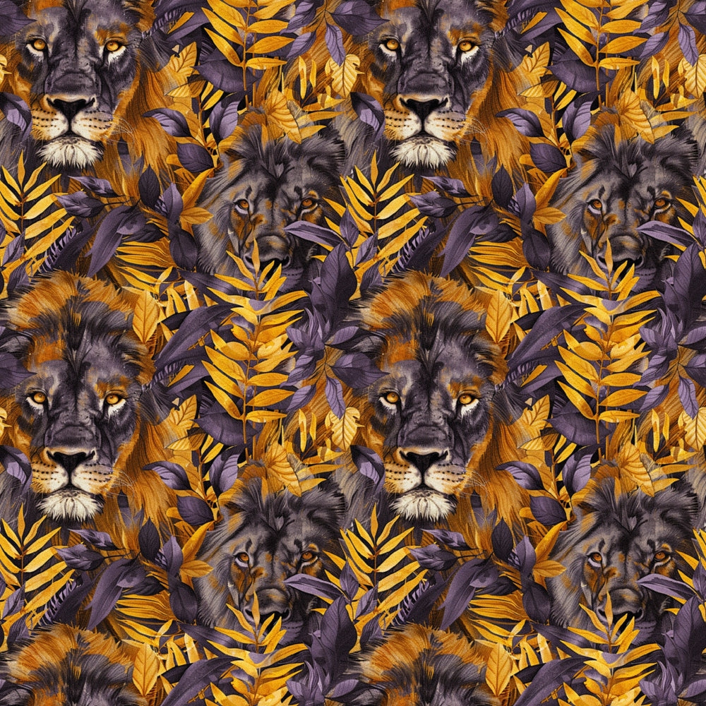 Pattern of lion faces surrounded by purple and gold leaves.