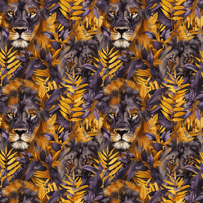 Pattern of lion faces surrounded by purple and gold leaves.