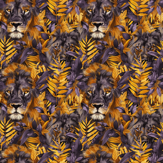 Pattern of lion faces surrounded by purple and gold leaves.