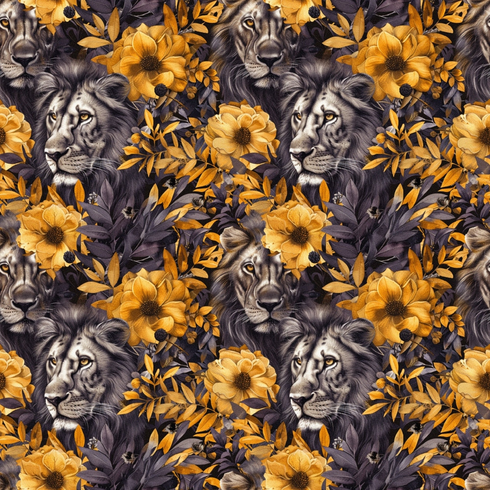 Seamless pattern of lions faces surrounded by large yellow and dark flowers with leaves.